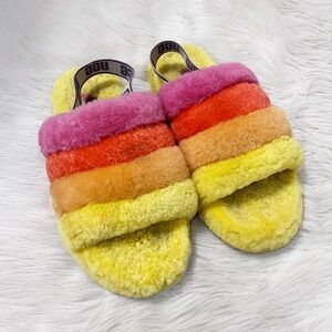 UGG Yellow Pink Pride Rainbow Fluff Yeah Slide Open Toe Fluffy Slippers Shoes
